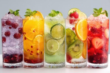 Decorative iced fruit beverage assortment on a white background