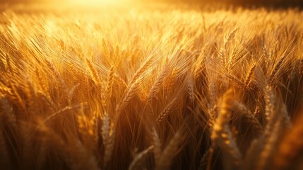 Golden wheat field glows under intense sunlight, with delicate stalks swaying in warm breeze. Close-up captures fine textures and soft motion of ripening grain in summer. Generative by AI