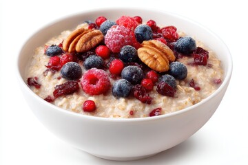Delicious oatmeal with berries and nuts in a bowl on white background