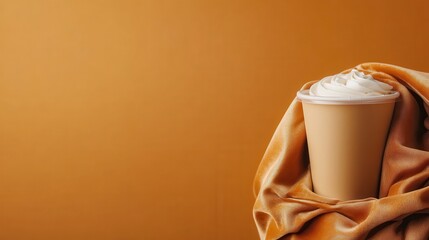 An artful composition of a stylish coffee cup adorned with whipped cream and draped in a soft fabric scarf, highlighting cozy moments and warm beverages against a warm backdrop.