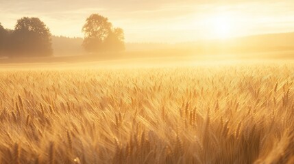 Obraz premium Golden wheat field glows under intense sunlight, with delicate stalks swaying in warm breeze. Close-up captures fine textures and soft motion of ripening grain in summer. Generative by AI