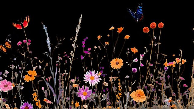 Vibrant butterflies amidst wildflowers animated overlay, transparent 4K video, alpha channel, ProRes 4444