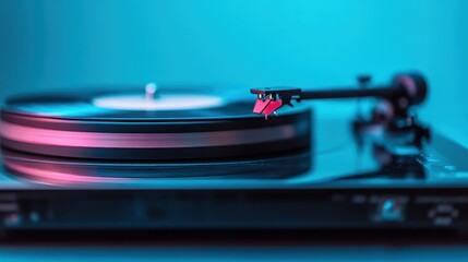 A close-up of a spinning vinyl record on a turntable, capturing the essence of music nostalgia, warmth, and the tactile joy of analog sound in a digitally dominated era.
