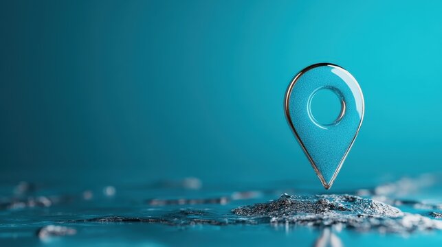 A sleek glass map pin resting on a shimmering blue surface, symbolizing navigation, direction, and modern technology in a visually arresting way.