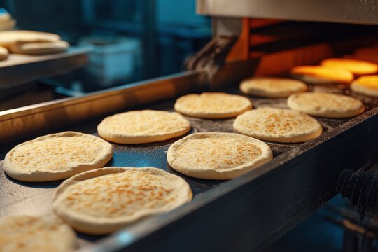 Flatbreads Fresh pita baked in the oven Quboos Arabic bread dough shaped into rounds on a conveyor belt Factory produced fresh round pita emerges from the oven