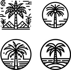 set of monochrome palm tree icon in line style, perfect for tropical summer designs