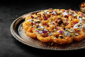 Rajasthani Ghevar is a crispy Indian dessert crafted from refined flour sugar and ghee adorned with silver foil and nuts presented on a dark backdrop with space for text