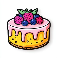 Colorful Cartoon Cake with Berries and Creamy Frosting Decoration