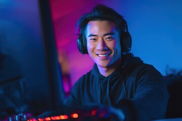 Asian male gamer engaged in a computer game enjoying a live stream in a neon lit room while looking at the camera