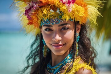 Adult Tahitian woman dancer in vibrant costume on a tropical Rarotonga beach Real people Room for text