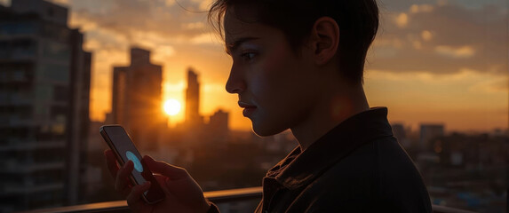 Young woman using smartphone on a balcony at sunset with city skyline in the background