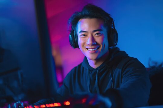 Asian male gamer engaged in a computer game enjoying a live stream in a neon lit room while looking at the camera