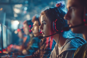 Side view of a multicultural group of gamers in a global eSports competition with a teenage girl in headphones focused on her computer