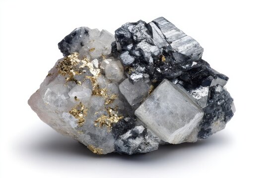 Sample of natural molybdenite and chalcopyrite in colorless beryl on a white backdrop