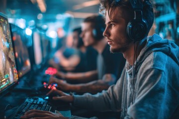 Obraz premium Focused view of a young man with esports players at a gaming venue