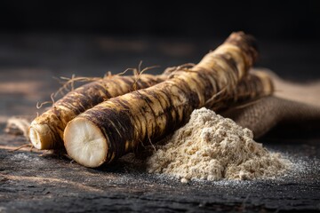 Fragrant horseradish root on a dark weathered wood surface