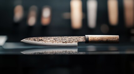 An exquisite knife displayed elegantly on a glass surface, reflecting the artistry of culinary tools, emphasizing craftsmanship and precision in cooking and food presentation.