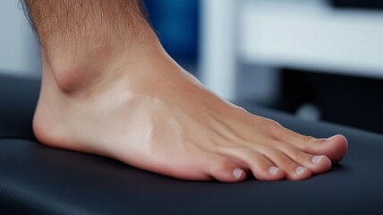 Close-up of a bare foot resting on a black surface during a physical therapy session for rehabilitation