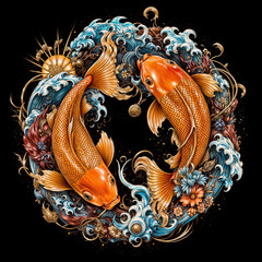 two vividly drawn koi fish swirling among stylized waves, flowers, and cosmic motifs. 