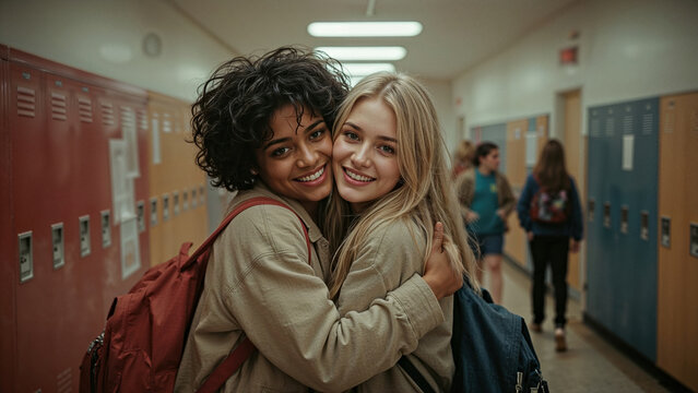 Two smiling teenage girls hugging in a school hallway with lockers in the background - Powered by Adobe