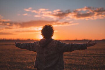 Fototapeta premium Discovering inner joy Young man in a vast field arms open to the warm sunrise Mind body and spirit idea