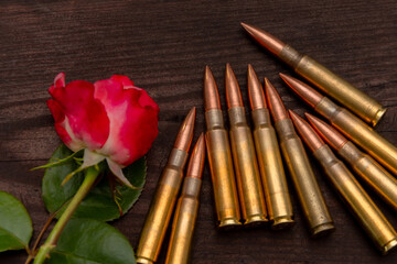 A close-up of a delicate red rose lying on a dark wooden background, next to live ammunition scattered on the surface. A contrast between beauty and violence, symbolising peace, war, love and danger.