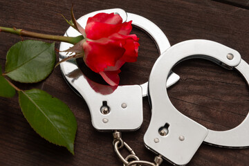 still life depicting a red rose and metal handcuffs on a dark wooden background. The composition symbolises the contrast between love and coercion, freedom and restriction, passion and crime.