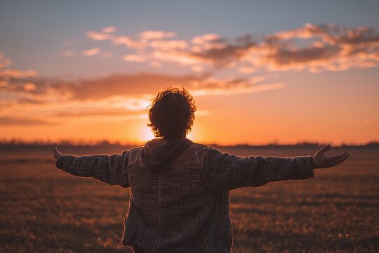 Discovering inner joy Young man in a vast field arms open to the warm sunrise Mind body and spirit idea