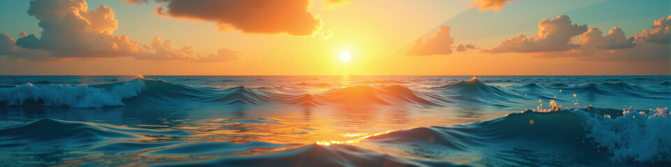 The sun sets over the horizon, casting a golden glow across the vast ocean, with gentle waves rolling in.