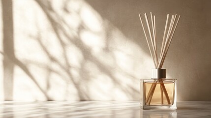 An elegantly arranged reed diffuser bottle resting on a surface, casting soft shadows; it emphasizes tranquility and the beauty of enhancing one’s living environment.