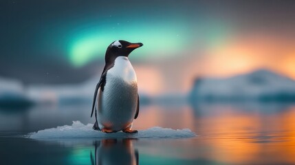 Obraz premium A majestic Gentoo penguin standing alone on a piece of ice, illuminated by mesmerizing auroras in the night sky, embodying the beauty of wildlife in natural settings.