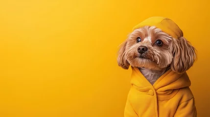 Fotobehang Dierenarts An adorable small dog dressed in a cozy yellow hoodie against a vibrant yellow backdrop, showcasing playful charm and warmth, inviting smiles and joy.  © svastix