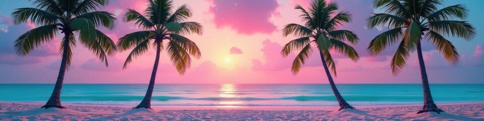 A serene tropical beach scene at sunset with palm trees, colorful sky, and calm ocean.