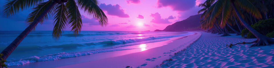 A serene tropical beach at sunset with palm trees, white sand, and calm ocean waters.