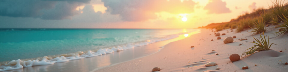 A tranquil beach scene with a vibrant sunset over turquoise waters, sandy shores, and gentle waves.