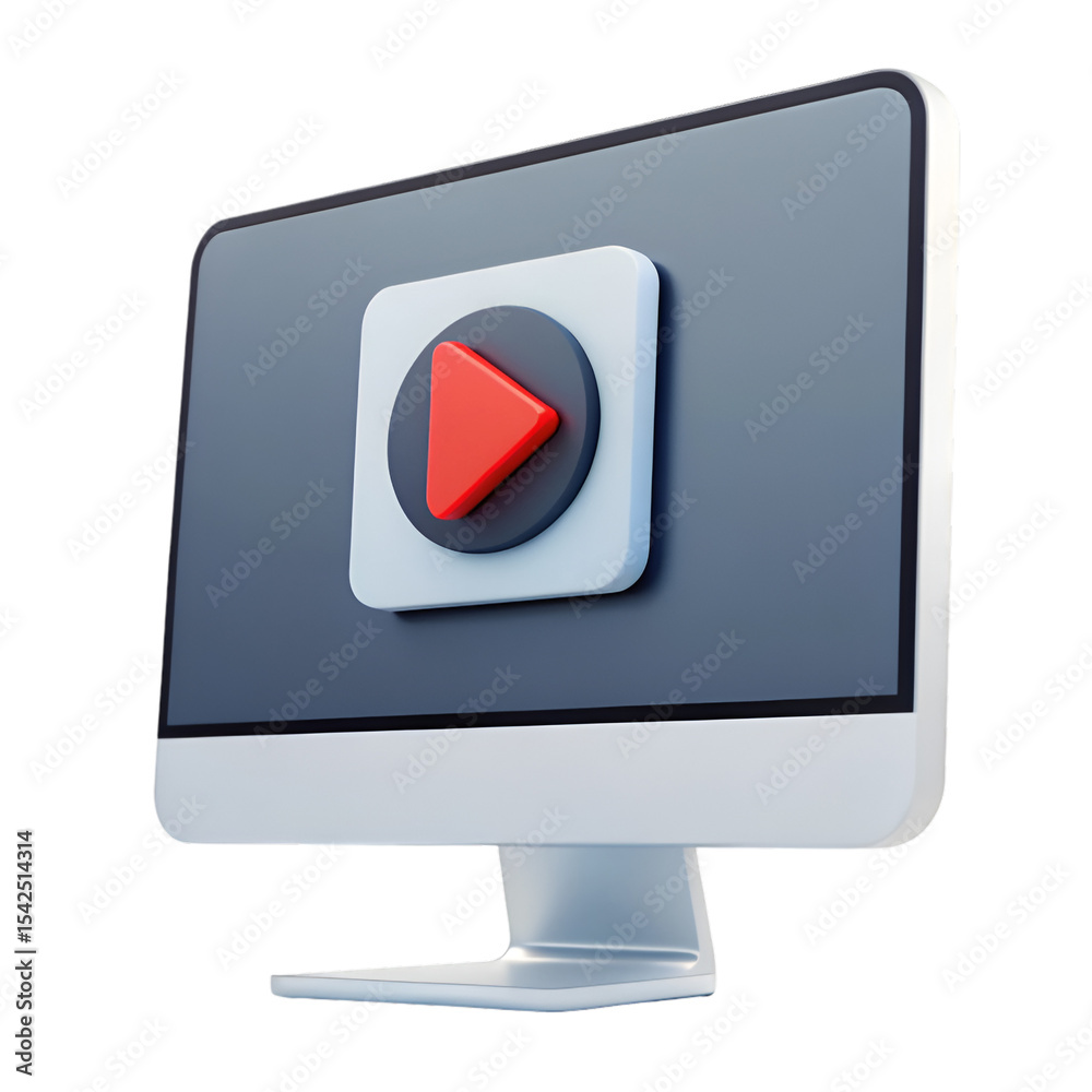 Poster silver computer screen displaying red play button icon 3 d render