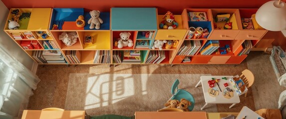 Bright and colorful children's playroom with toys, books, and storage shelves in a cozy and organized setting