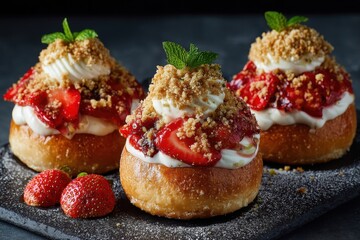 Brioche rolls topped with strawberries ricotta and vanilla crumble Summer berry dessert Overhead view