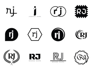 RJ logo company template. Letter r and j logotype. Set different classic serif lettering and modern bold text with design elements. Initial font typography.
