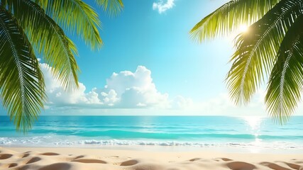 Fototapeta premium Sandy beach with palm branches on the sea background, summer tourism vacation, template for product presentation 
