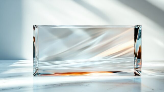 An elegant, transparent rectangular prism sits on a smooth surface, reflecting soft light patterns and conveying a sense of modern design and minimalism.