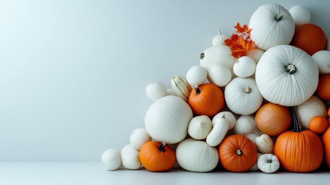 A vibrant display of various pumpkins and gourds creates an artistic arrangement perfect for autumn decoration, celebrating seasonal harvest and natural beauty. - Powered by Adobe
