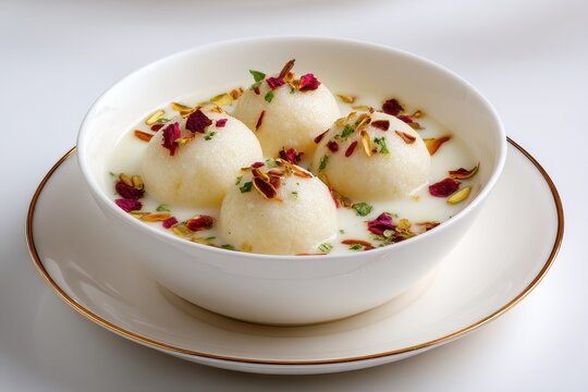 This sweet treat Rasgulla or Rosogolla is presented in a golden edged white bowl on a plate against a white backdrop