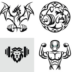 Powerful Strength Dragon, Bulldog, Lion, and Robot Fitness Illustrations