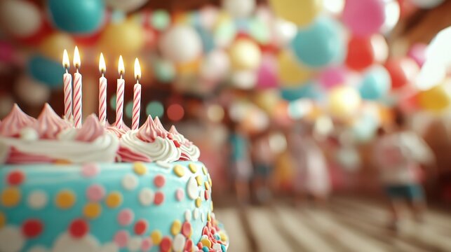 A delightful birthday cake adorned with colorful icing and lit candles sits at the forefront, surrounded by vibrant balloons, encapsulating joy, celebration, and festivities.