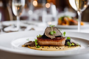 Delicious medallion featuring foie gras truffle and sauce on a large white dish