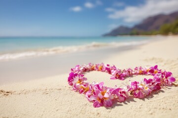 Romantic Hawaii honeymoon with heart shaped flower lei on pristine beach Pink orchids necklace against a tropical backdrop