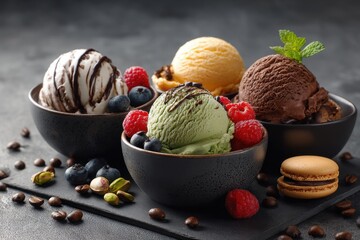 Artisanal summer dessert featuring craft ice cream with fresh berries macaroons coffee pistachios and chocolate displayed in bowls on a wide banner