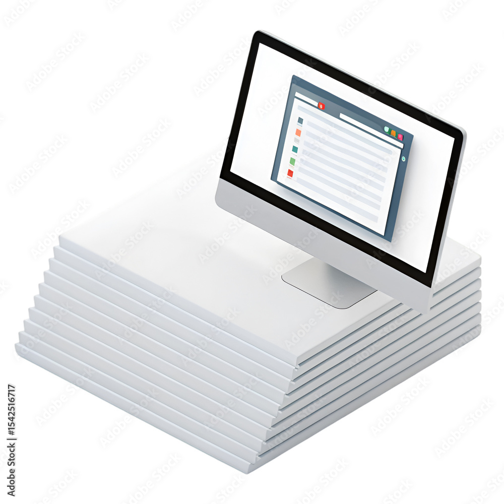 Poster white desktop computer showing website document icon on stack of papers