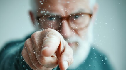 An elderly man with a thoughtful expression points decisively, emphasizing authority and wisdom, encapsulating the determination that often comes with age and experience.